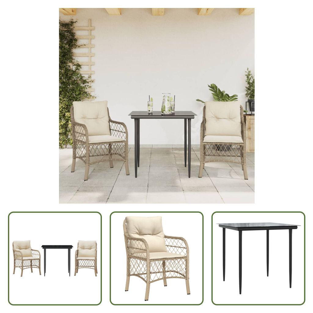 The Living Store 3-tlg. Bistro-Set mit Kissen Beige Poly Rattan
