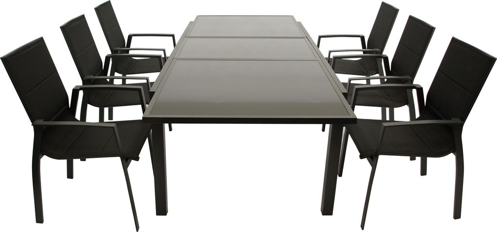 DEGAMO Gartengarnitur Essgruppe TORINO 9-teilig, Aluminium anthrazit+ Kunstgewebe schwarz, 8x Stapelsessel, 1x Ausziehtisch 180/240x100cm