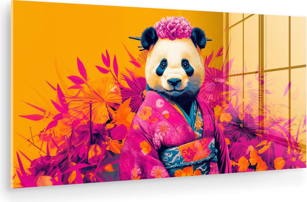 MuchoWow Glasbilder - Bilder auf Wandbild - Foto auf Glas Kimono - Rosa - Panda - Blumenkrone 40x20 cm Wanddekoration aus Glas - Acrylglasbild - Ac...