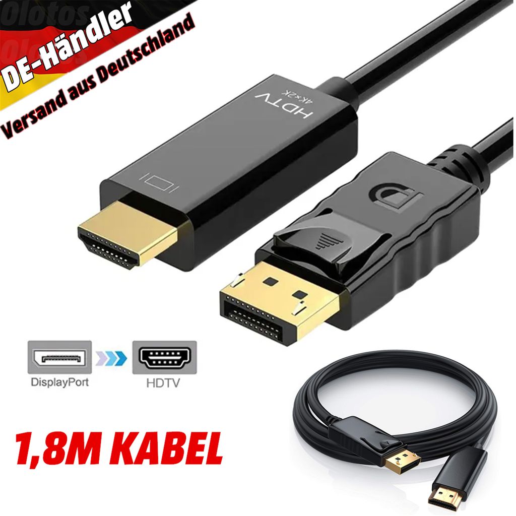 Displayport auf HDMI Kabel 4K DP zu HDMI Adapter Stecker Wandler Konverter 1,8Meter