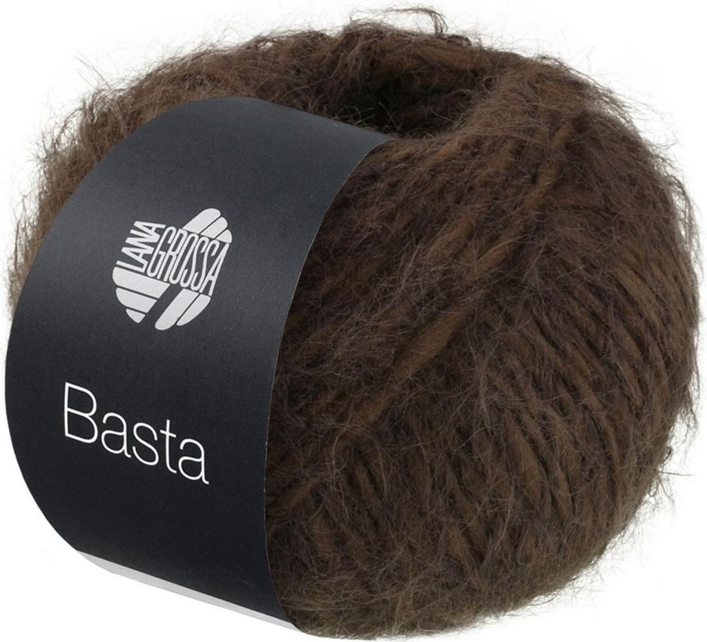 A ball of brown yarn with a black label.