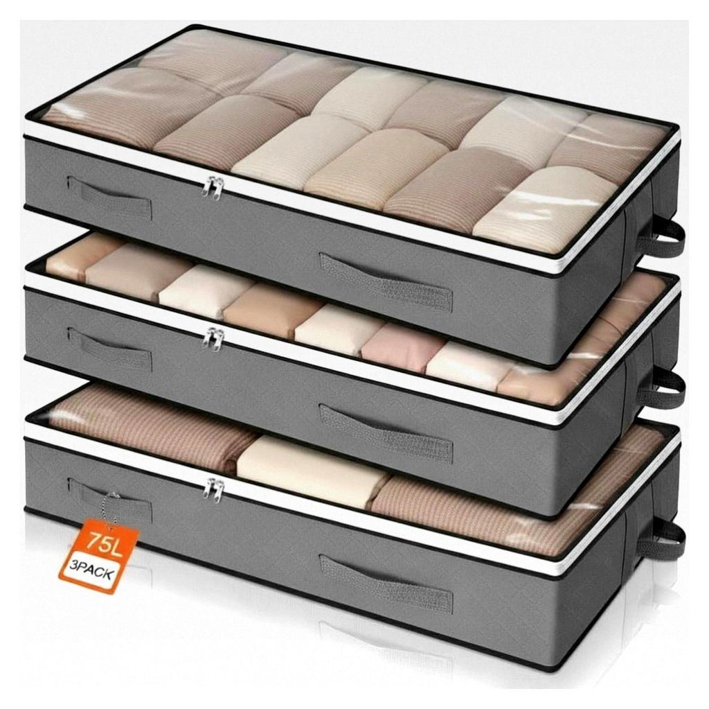 Unterbett Aufbewahrungsbox, 3 Stück, 75L Faltbare mit Reißverschluss und Deckel, Organizer für Schuhe, Kissen, Kleidung und Bettdecken