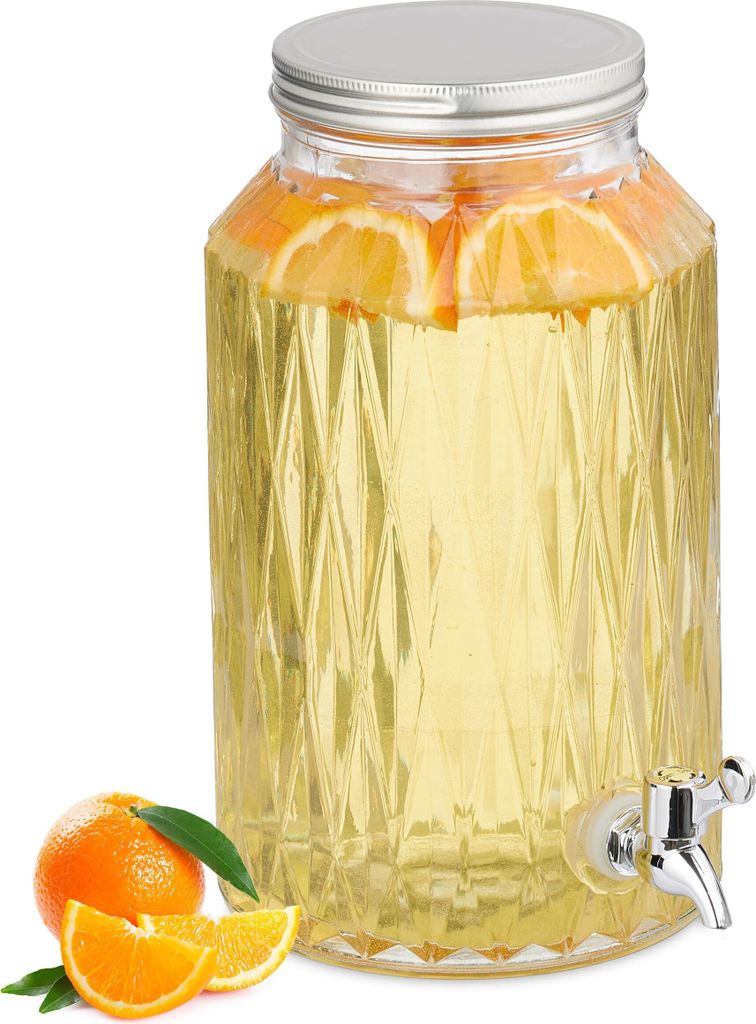 Relaxdays Getränkespender, Limobehälter 5L, Rauten-Design, Zapfhahn und Deckel, Wasserspender, aus Glas, transparent