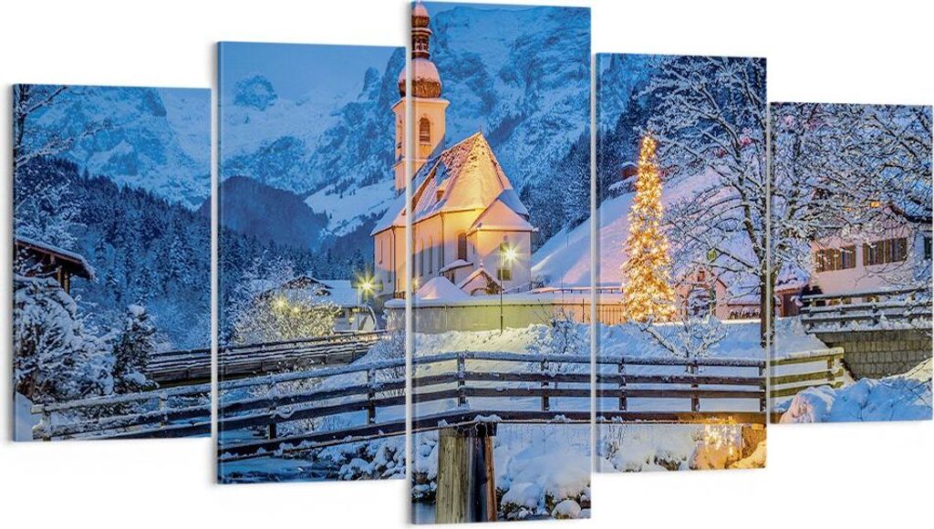 Bild auf Leinwand - Leinwandbild - 5 Teile - Festlich Kirche Schnee - 160x85cm - Wand Bild - Wanddeko - Wandbilder - Leinwanddruck - Bilder - Wandd...