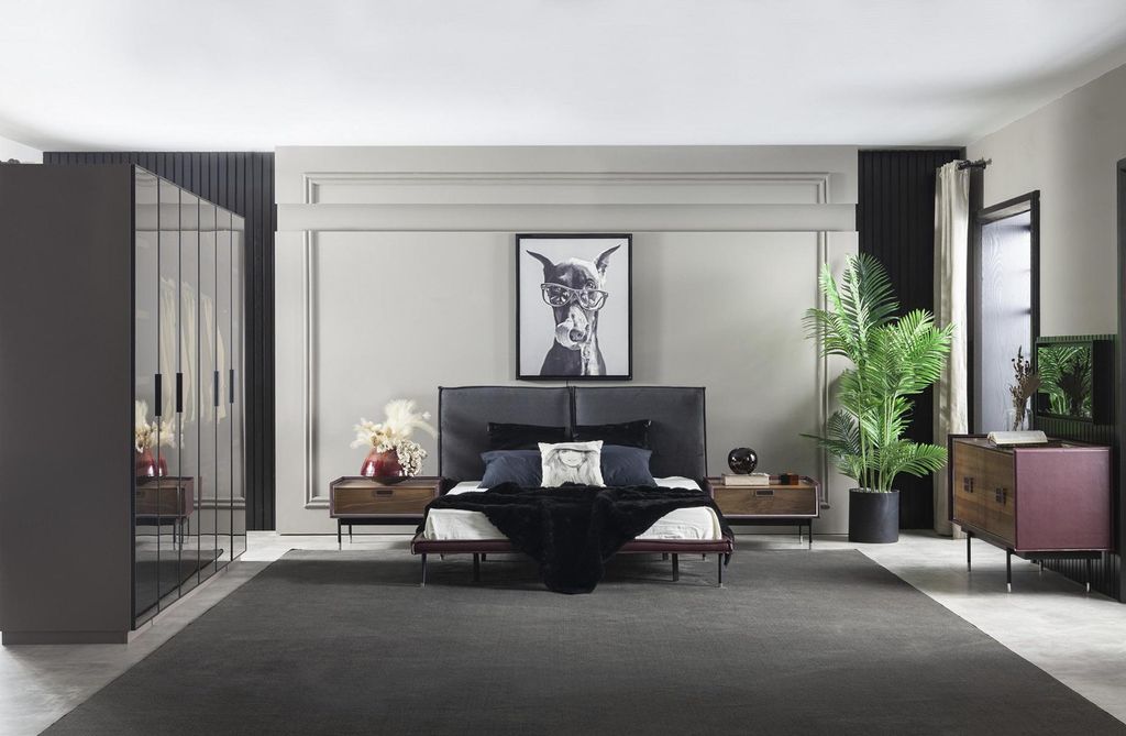 Loft Schlafzimmer Graues Bett Schrank Nachttische Kommode 5tlg. Set