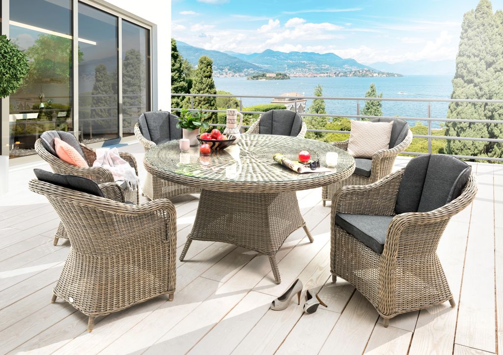 Destiny Sitzgruppe MALAGA mit rundem Esstisch Ø150cm (6 Personen) natur meliert