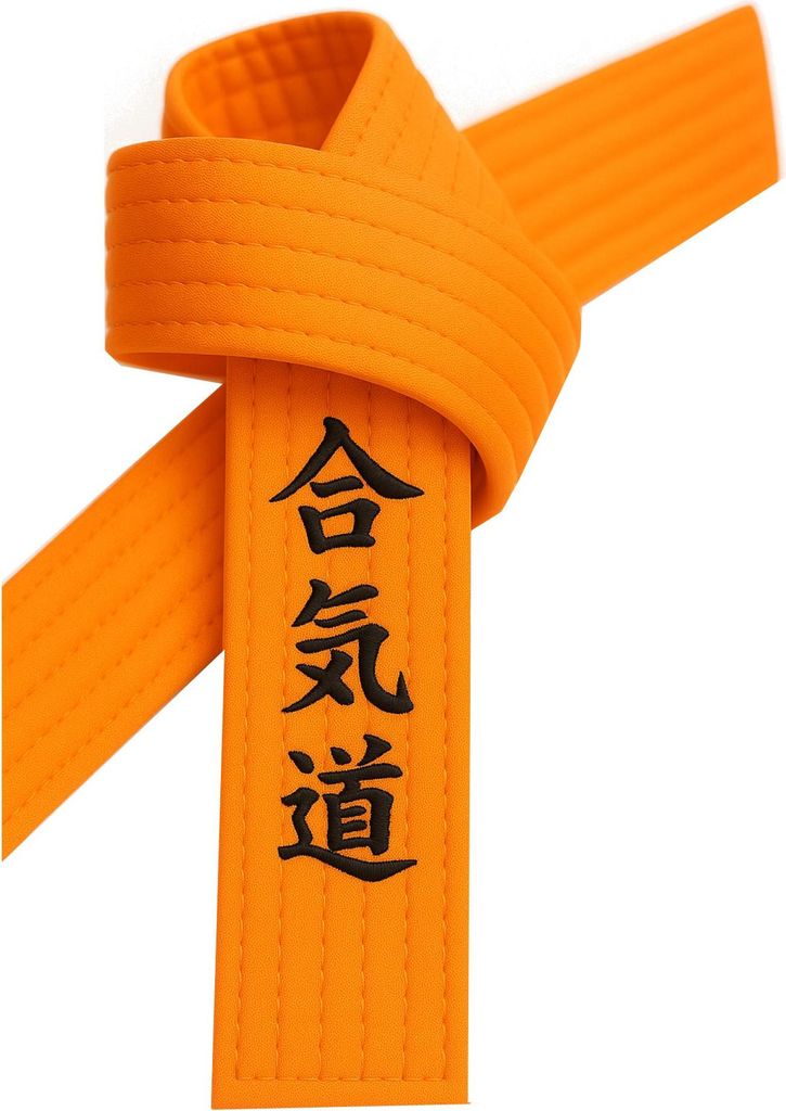 Aikidogürtel Orange bestickt - Aikido Schriftzeichen japanisch - Orangegurt mit Kanji Bestickung - 330 cm Länge
