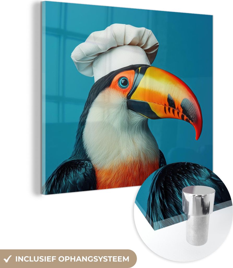 MuchoWow Glasbilder - Bilder auf Wandbild - Foto auf Glas Tukan - Papagei - Vogel - Kochmütze 40x40 cm Wanddekoration aus Glas - Acrylglasbild - A...