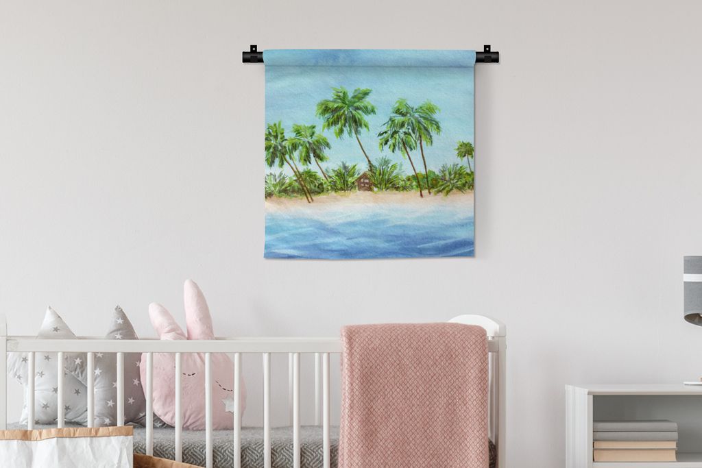 MuchoWow® Wandteppich Wandbehang Palme - Strand - Hütte Produktbild 