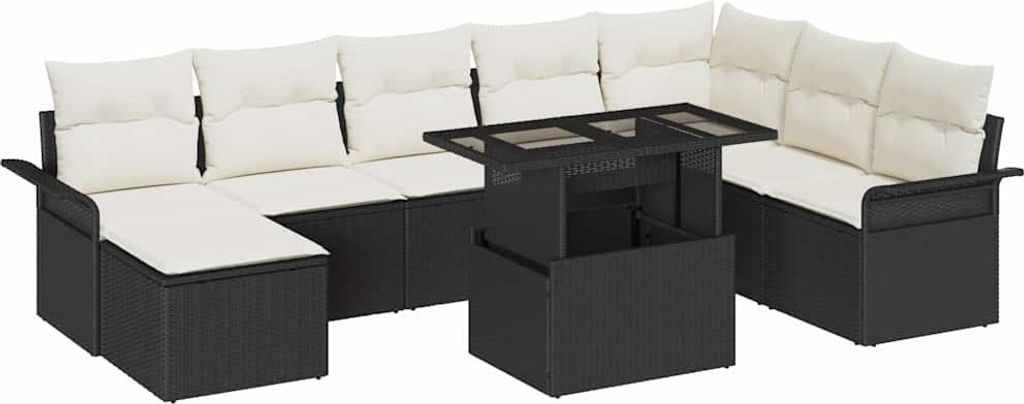 "2026 Promotion" Garten-Sofa-Set - Balkonmöbel - mit Kissen - mit Speicher 9 pcs - Schwarz und Creme - Gartenmöbelset CC19440