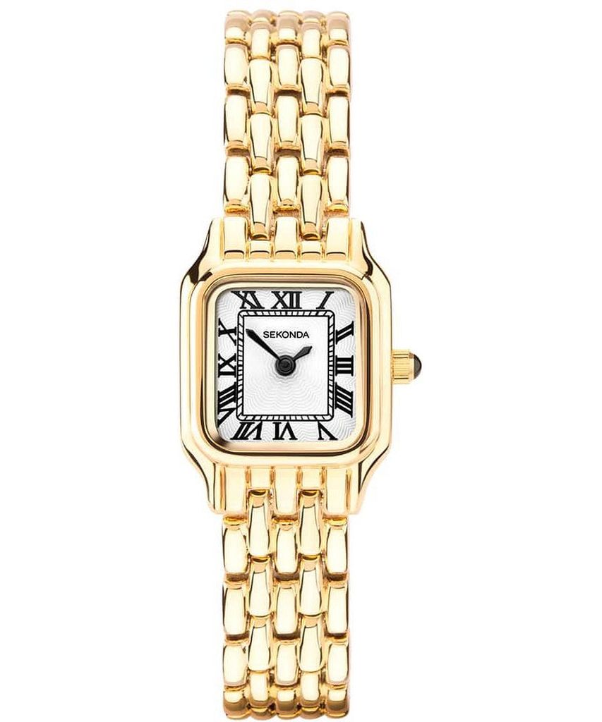 A gold-colored women's watch with a white face and Roman numerals.
