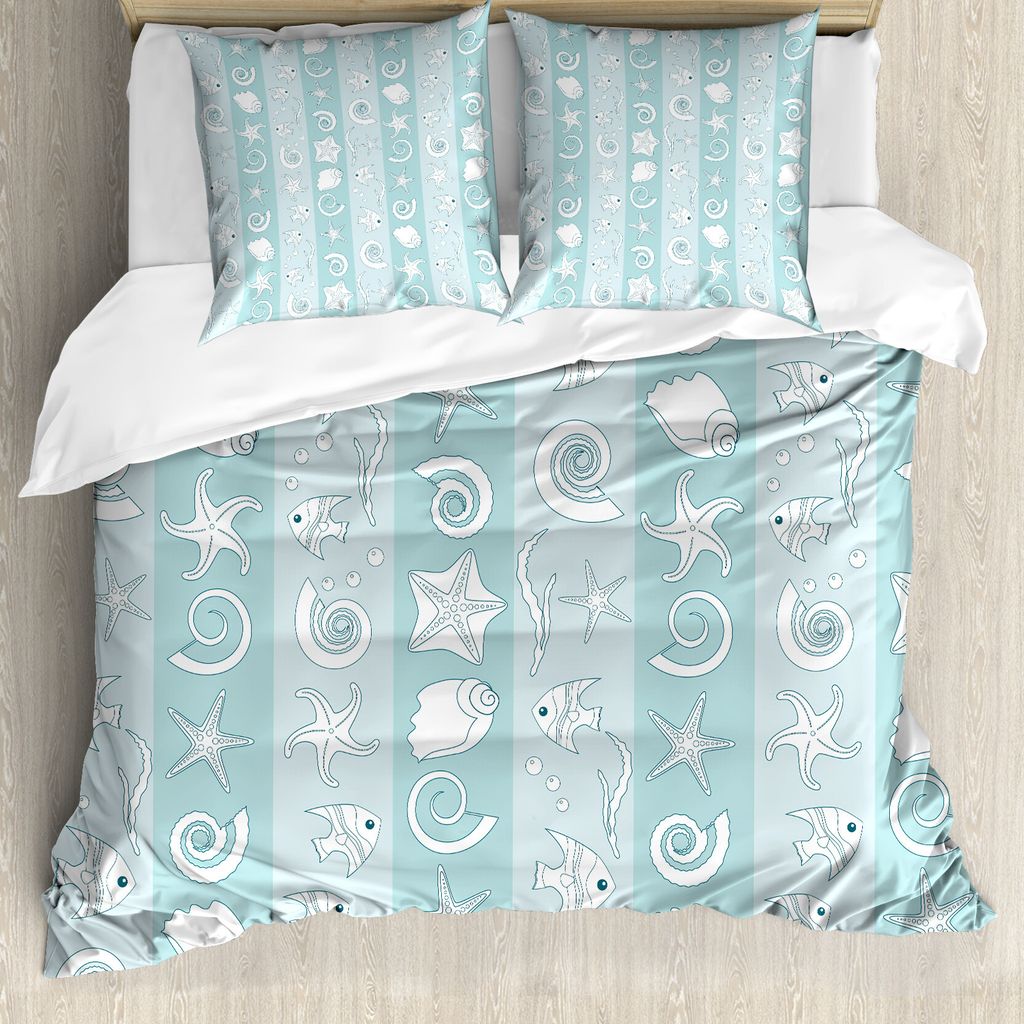 ABAKUHAUS Nautisch Bettbezug, Meerestiere und Muscheln, Milbensicher Allergiker geeignet mit Kissenbezügen, 155 cm x 220 cm - 80 x 80 cm, Baby Blu...