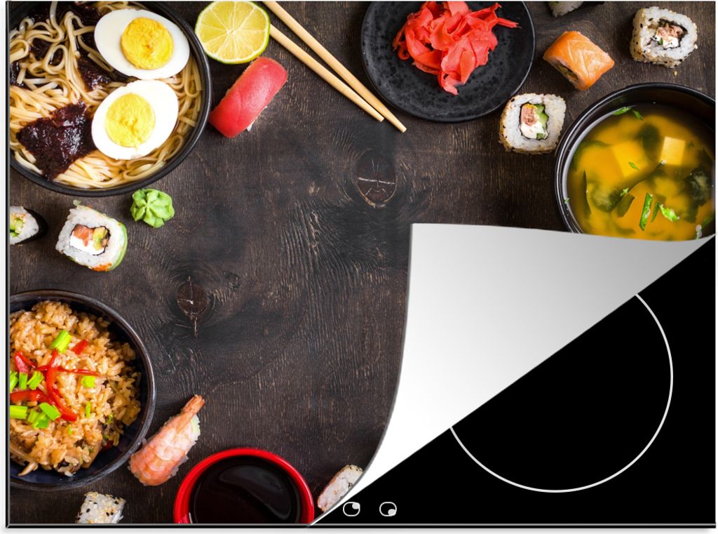 KitchenYeah Herdabdeckplatte Sushi - Essstäbchen - Kräuter - Gewürze , 60x52cm, Küche Deko, Glaskeramikkochfeld Herdabdeckung, Abdeckplatte f...