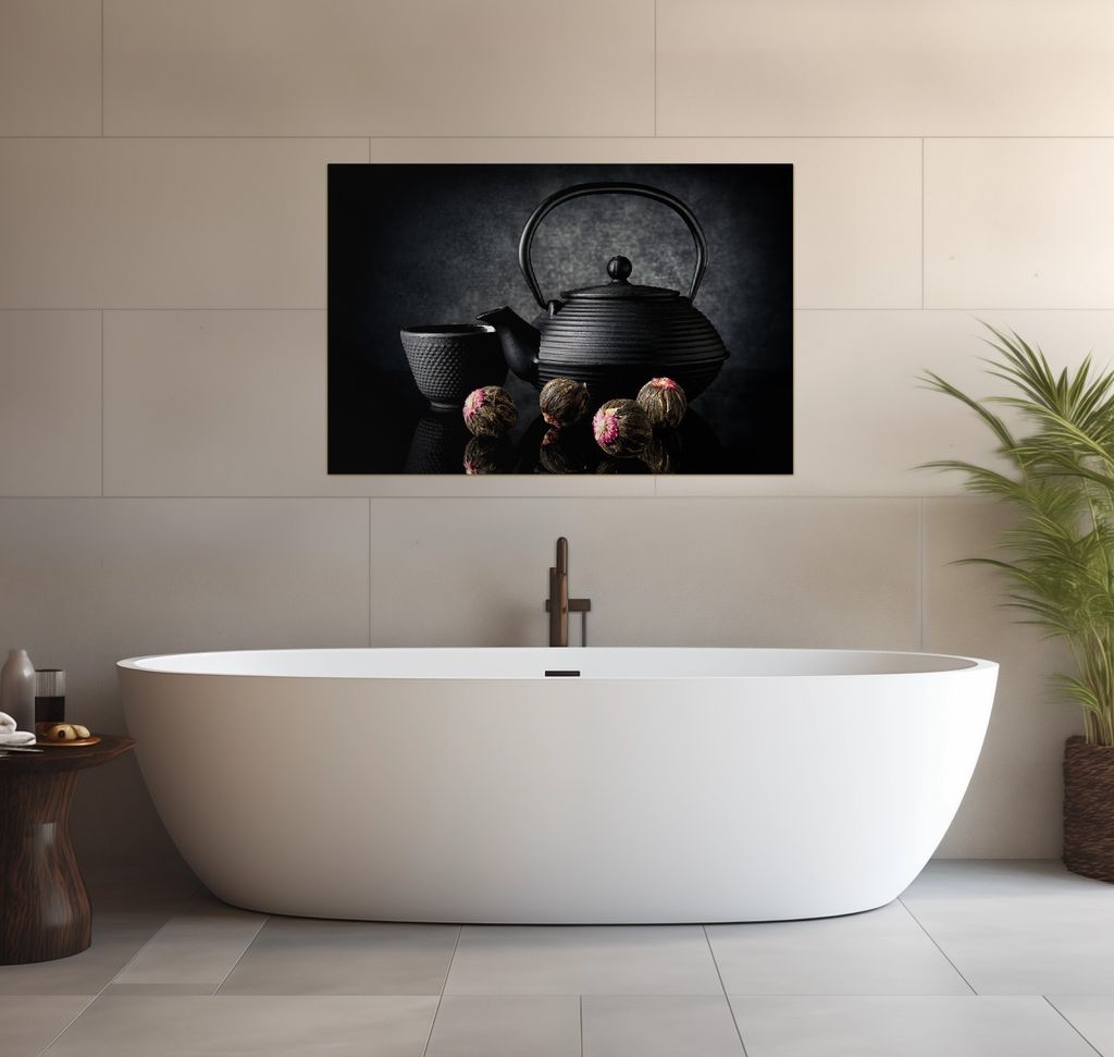 Wallario wasserfestes Poster selbstklebend 91,50 x 61 cm, Japanisches Tee-Set, Badezimmerposter Spritzschutz mit Hochglanzoberfläche in Glasoptik