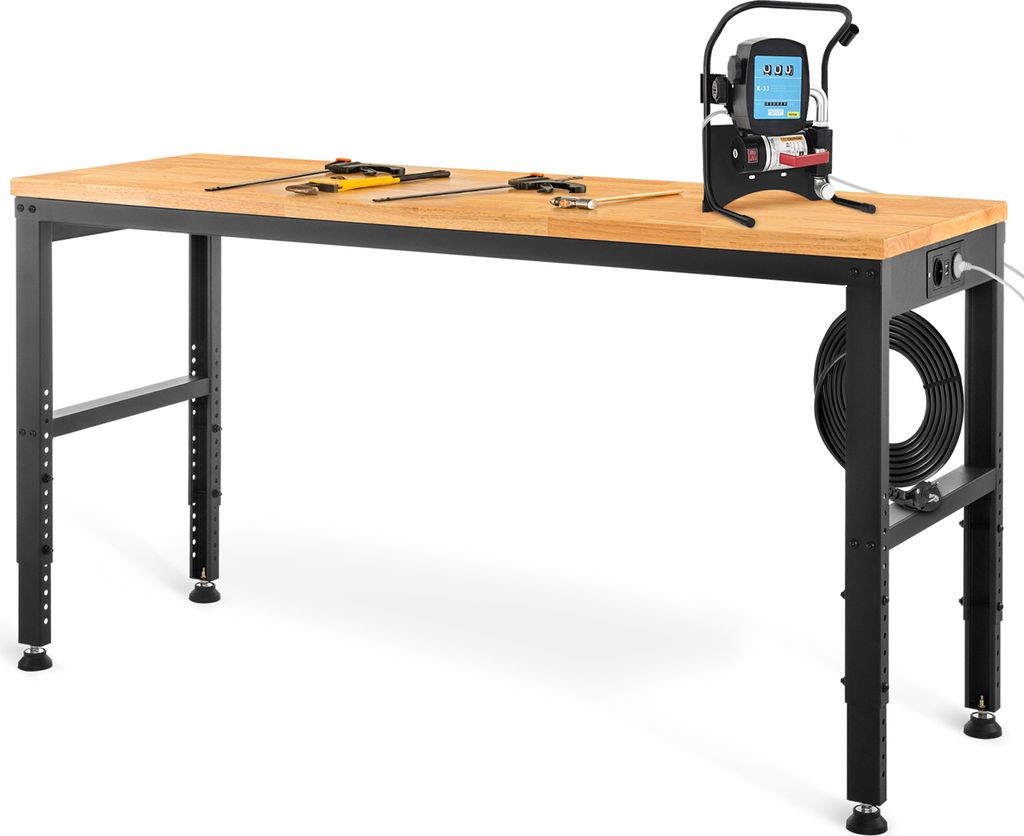 SucceBuy Höhenverstellbare Werkbank 122cm B x 61cm T x 97cm H Garagentisch 900KG Belastbarkeit Steckdosen Hartholzplatte Metallrahmen Fußpads Bü...