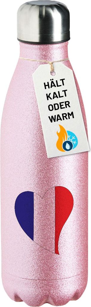 Huuraa Trinkflasche Frankreich Flagge Herz 500ml Pink Edelstahl Wasserflasche Trinkflasche Geschenkidee