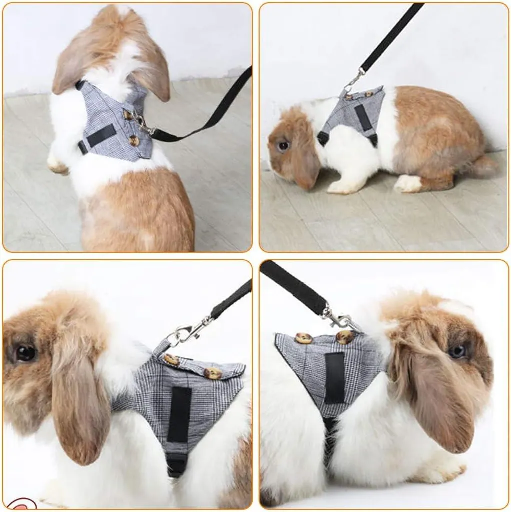 Harnais Lapin Ajustable à Boutons Décoratifs - Lin Gris Rayé Taille M
