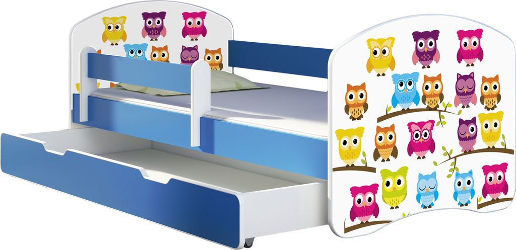 ACMA Jugendbett Kinderbett Junior-Bett Komplett-Set mit Matratze Lattenrost und Rausfallschutz Blau 31 Eule 160x80 + Bettkasten