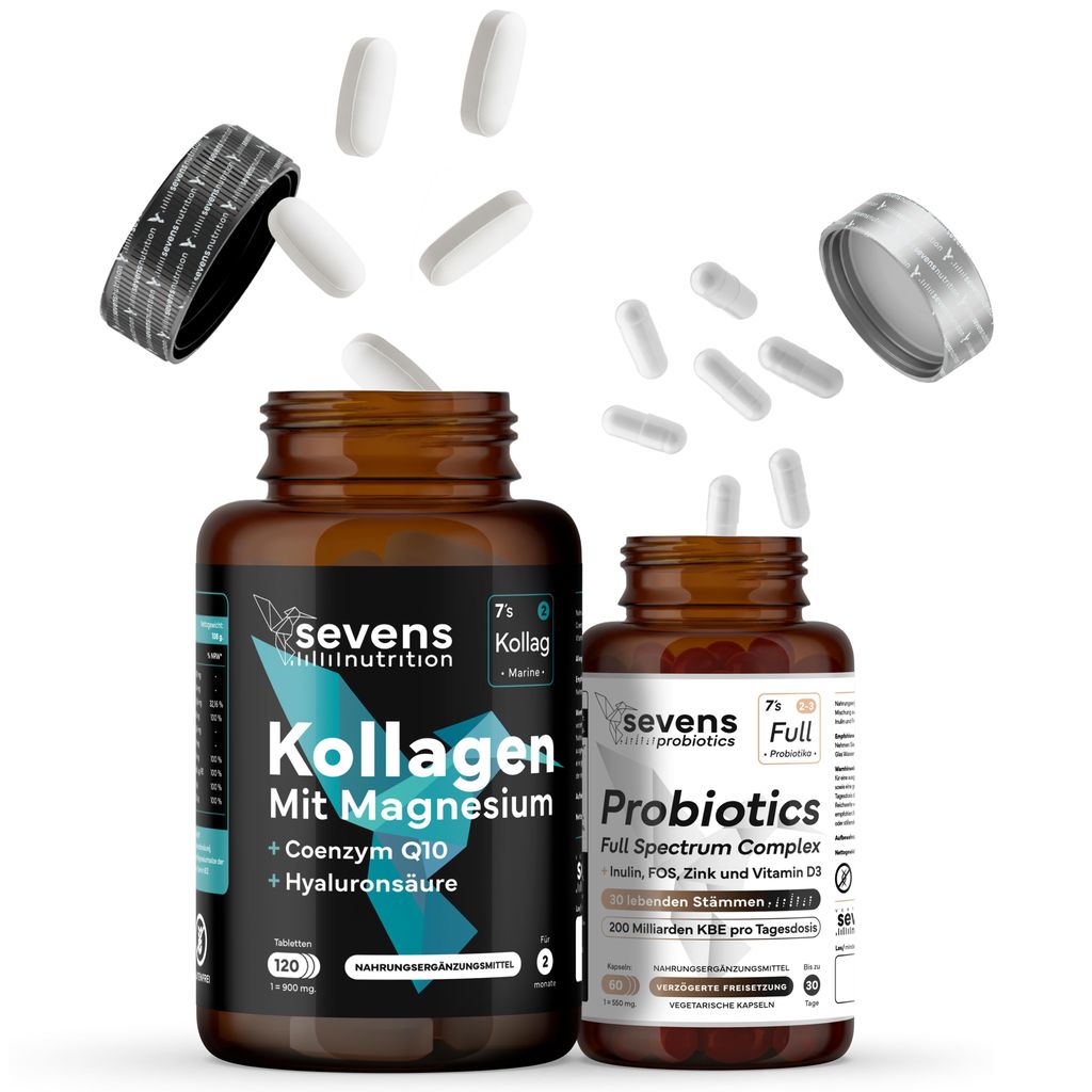Kollagen Hydrolysat 120 Tabletten mit Hyaluronsäure & Q10 + Probiotika 30 Stämme 200 Milliarden 60 Kapseln mit Inulin – Set – Sevens Nutrition