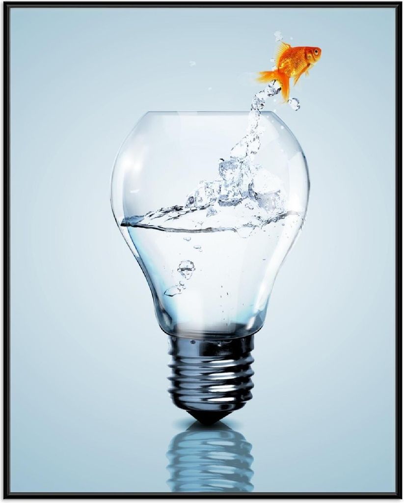 Wallario Wandbild Goldfisch springt aus Aquarium, Größe: 40,30 x 50,30 cm, Poster mit schwarzem Aluminiumrahmen