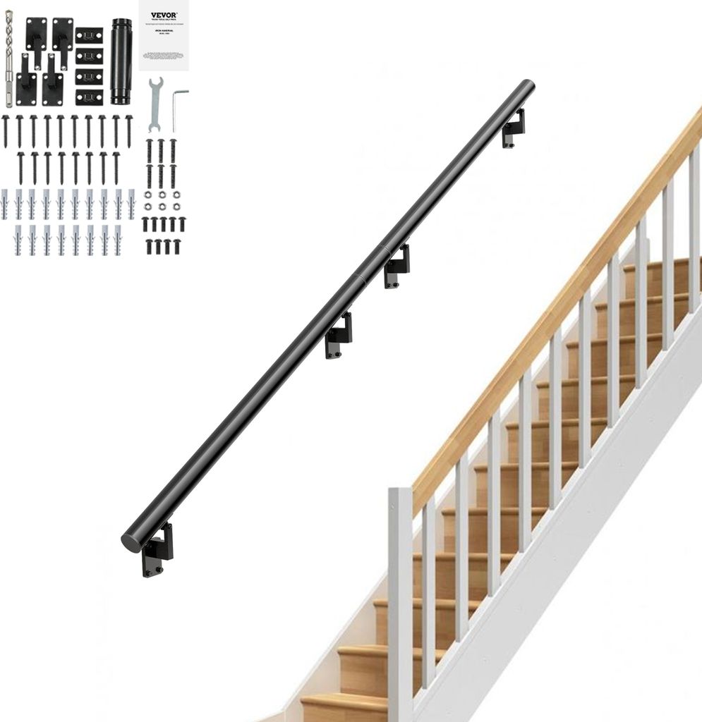 A black handrail is shown in the foreground, with a staircase in the background. Various hardware components and instructions are laid out to the left.