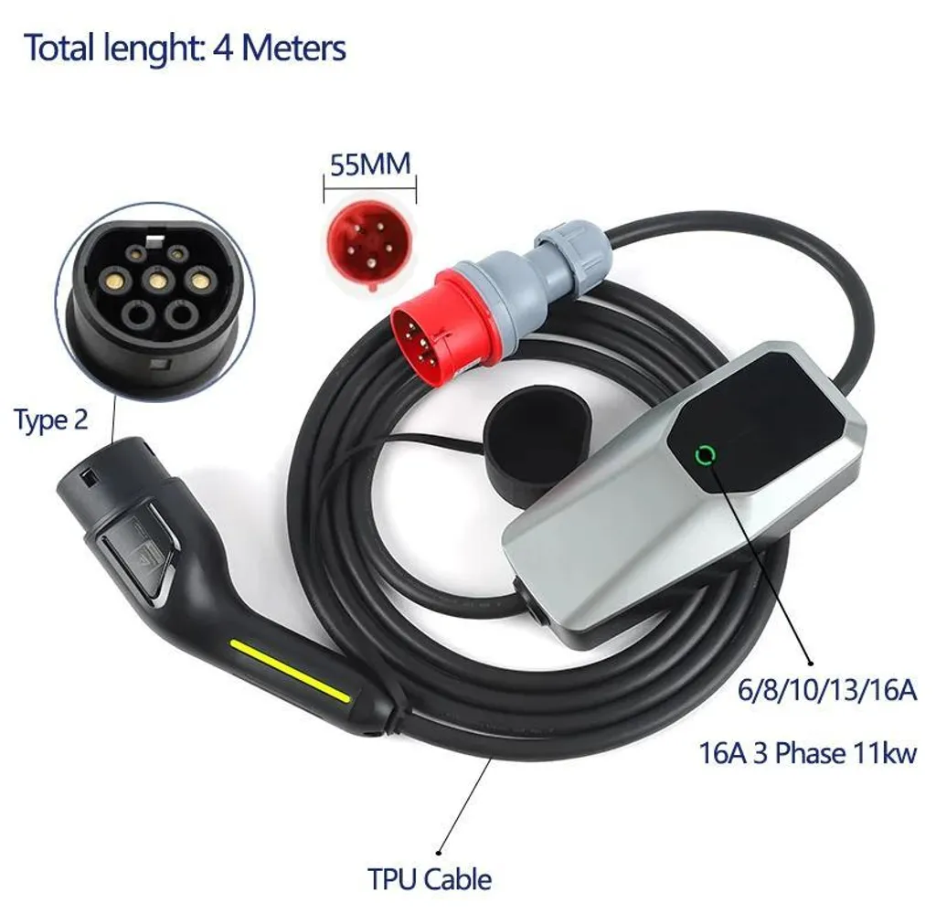 Chargeur EV Triphasé 11kW 16A Type 2 avec Câble 4m Courant Réglable
