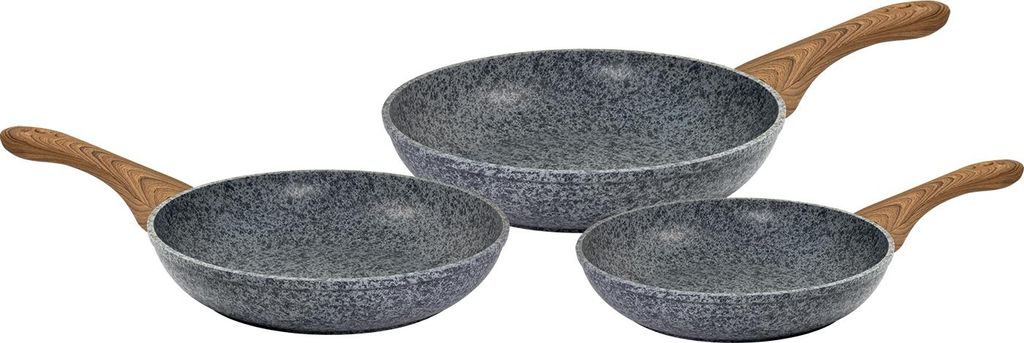 Three frying pans of different sizes are arranged on a white background.