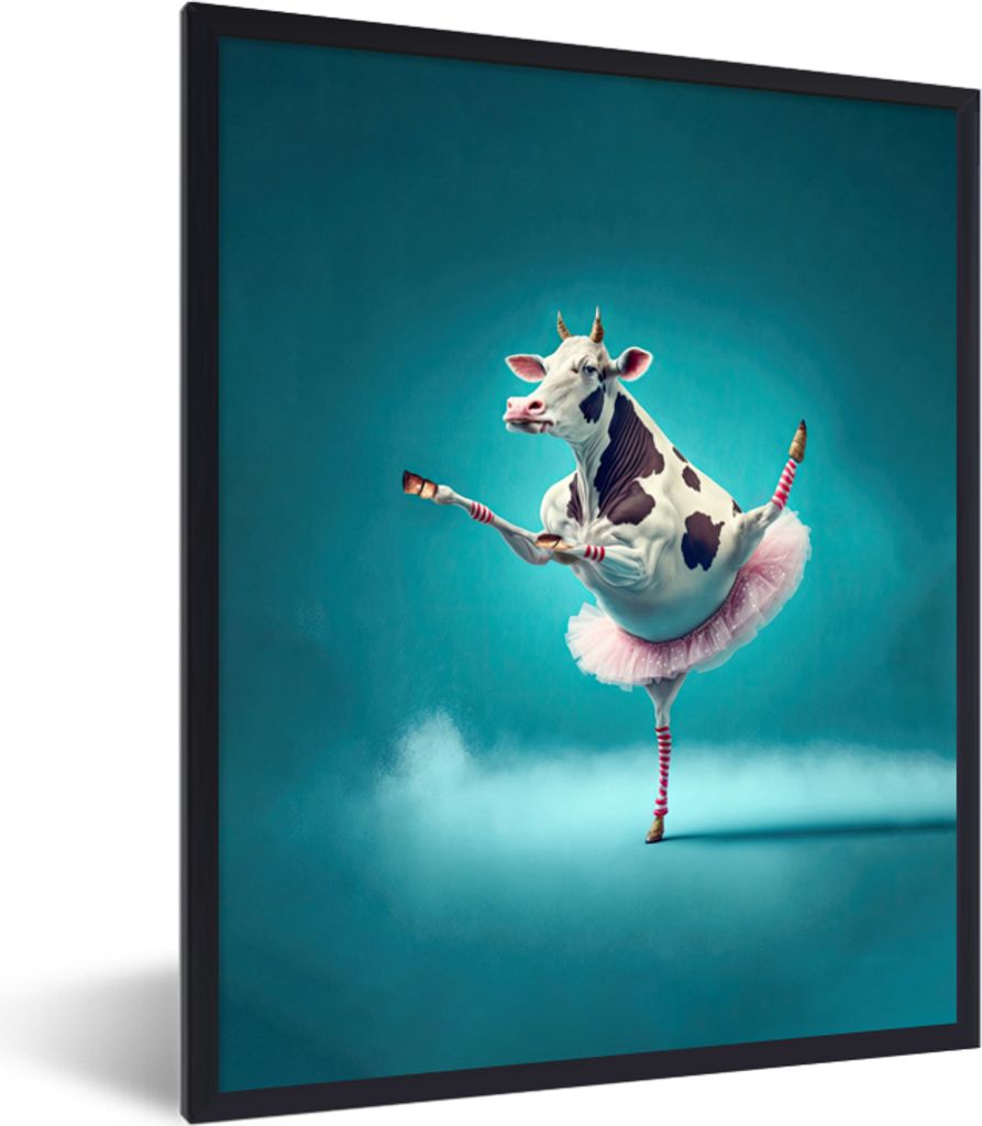MuchoWow Gerahmtes Poster Kuh - Ballett - Porträt - Blau - Tiere 30x40 cm - Poster mit Schwarzem Bilderrahmen Wandposter Rahmen Foto Bilder - Wa...