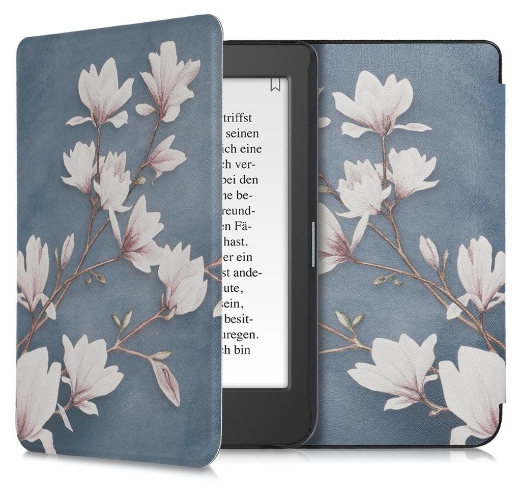 kwmobile Schutzhülle für Tolino Page 2 Hülle - eReader Flip Case mit Auto Sleep Funktion - Magnolien mit Taupe Weiß Blaugrau