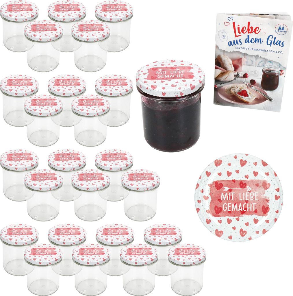 A set of small glass jars with decorative lids, a jar filled with jam, and a recipe booklet.