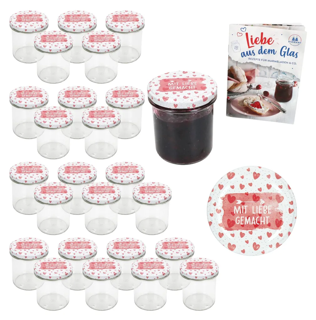 megusta!® 16 vasetti per conserve | 200 ml | motivo a diamante | coperchi con motivo a cuore | per marmellata, dessert, herbe, yogurt | cuocere e congelare | + 16 etichette