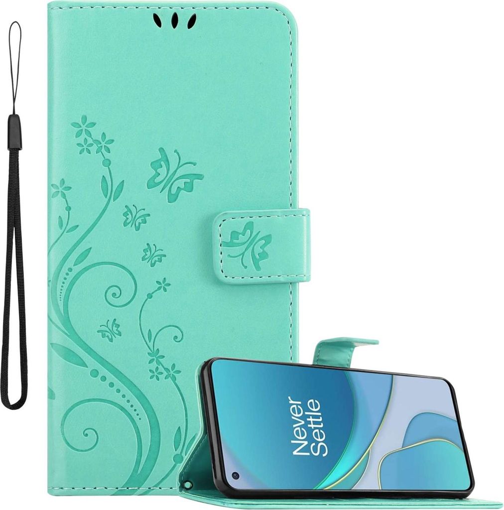 Cadorabo Hülle für OnePlus 8T in FLORAL TÜRKIS Schutzhülle im Blumen Design mit Magnetverschluss, Standfunktion und Kartenfächern Flip Case Fl...