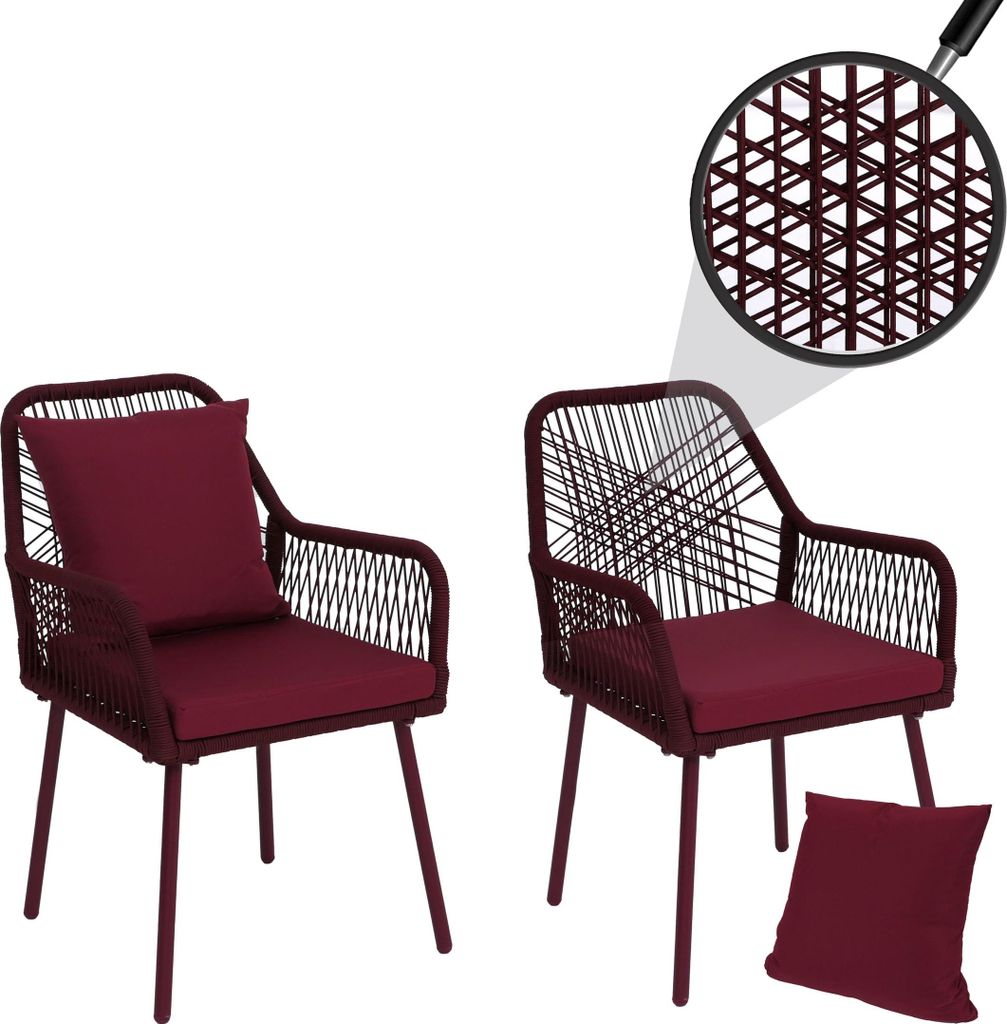 2er-Set Gartenstuhl HWC-O12, Outdoor Sitz-/Rückenpolster Aluminium Seilgeflecht Rope bordeaux, Bezug bordeaux