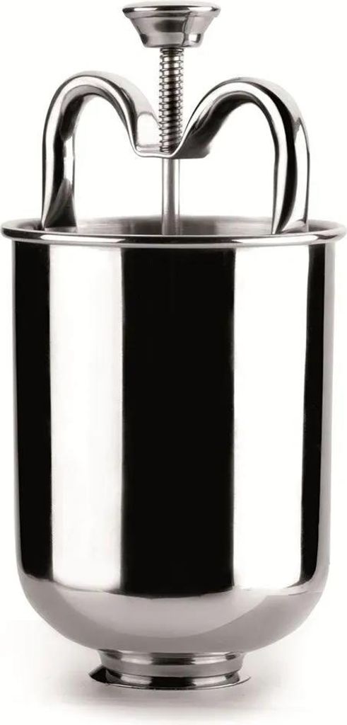 A stainless steel donut maker is shown against a white background.