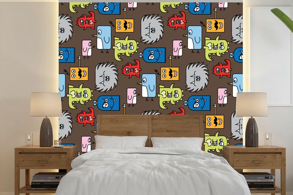 MuchoWow Fototapete für Wohnzimmer oder Schlafzimmer Wandtapete Vinyl Motivtapete Muster - Monster - Tiere - Kinder - Kinder - 240x240 cm - Schl...