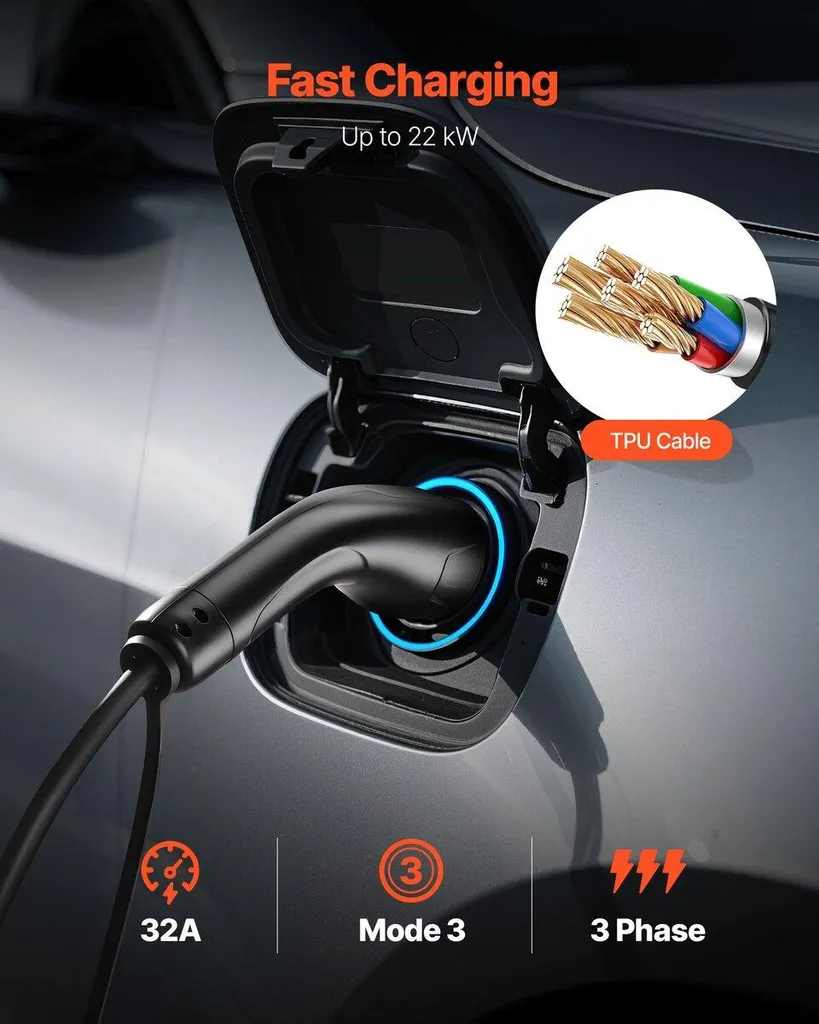 Câble Extension Chargeur EV Type 2 32A 10m 22kW Triphasé avec Sac - 4