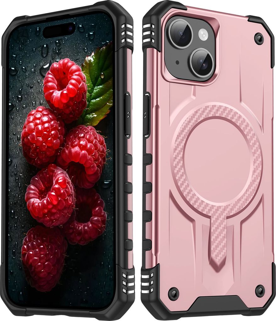 Magnetisch Hülle für iPhone 15, Dual Layer PC TPU Stoßfest Handyhülle Pink