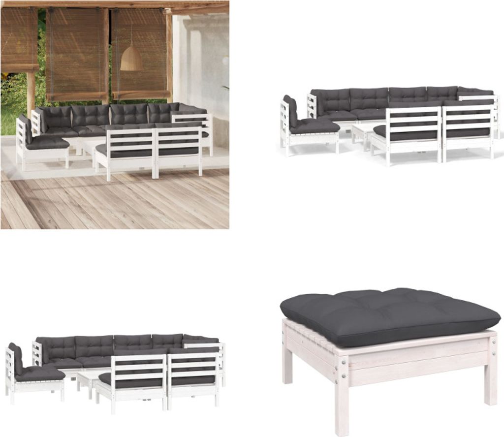 vidaXL 9 tlg. Garten Lounge Set mit Kissen Weiß Kiefer Massivholz - Garten-Lounge-Set - Garten-Lounge-Sets - Gartenmöbel-Set - Gartenmöbel-Sets