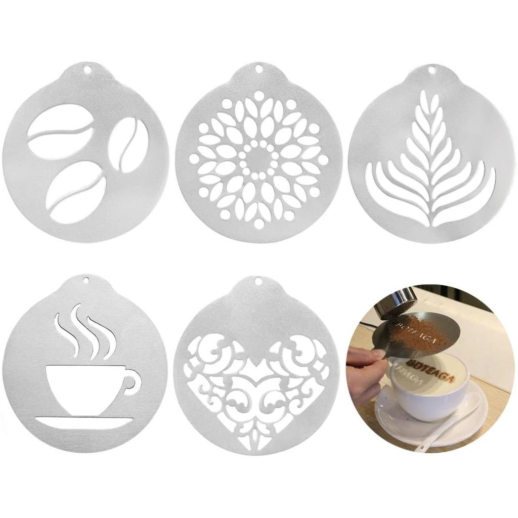 5 Stück Kaffee Schablonen für Puderzuckerstreuer, Kaffee Schablonen und KekseDekoration,wiederverwendbare Cappuccino-Schokoladenschablonen