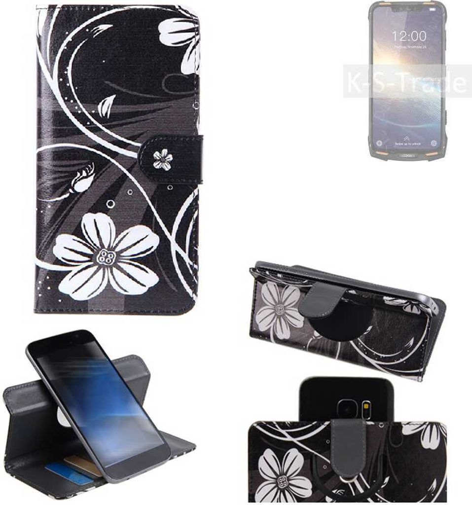 K-S-Trade Schutzhülle Handyhülle kompatibel mit Doogee S90 Pro Hülle 360° Wallet Case ''Flowers'' Klapphülle Hülle schwarz-weiß 1x