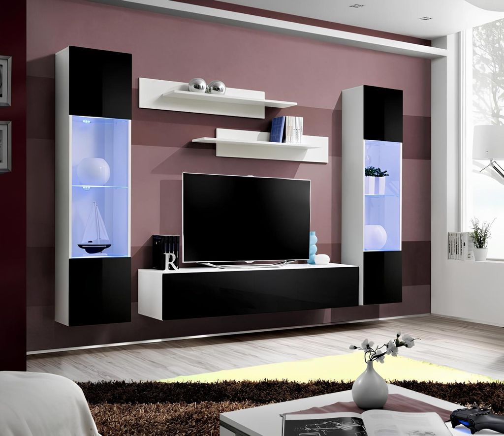 Schwarz Wohnwand Wohnzimmer Designer Modern Möbel TV Produktbild 