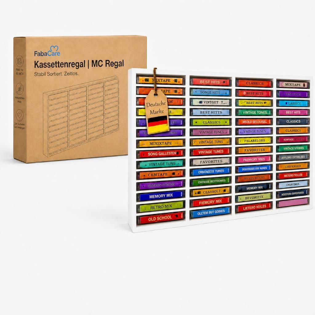 FabaHome MC Regal für 60 Kassetten, Holz Weiss Produktbild 