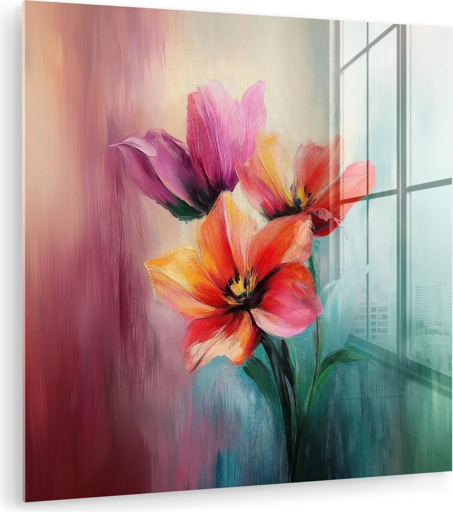 MuchoWow Glasbilder - Bilder auf Wandbild - Foto auf Glas Tulpen - Lichtreflexe - Farbverlauf 30x30 cm Wanddekoration aus Glas - Acrylglasbild - Ac...