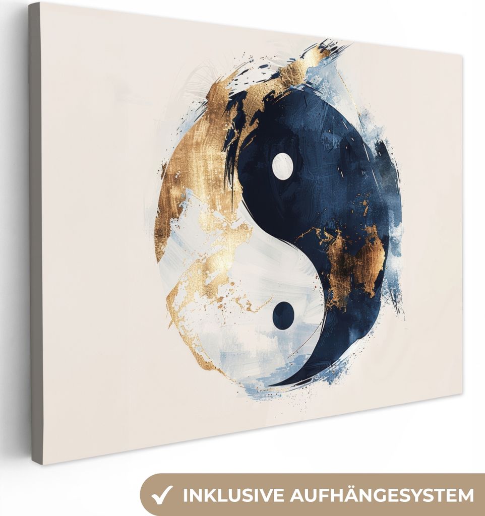 MuchoWow - Leinwandbilder - Yin Yang - Abstrakt - Schwarz - Weiß - Gold, Wandbild, Wanddeko Bilder Wohnzimmer, 120x90 cm