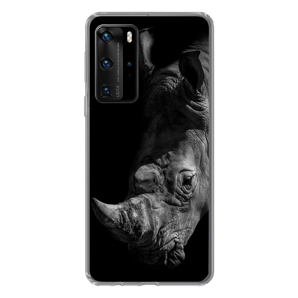 MuchoWow Handyhülle Schutzhülle Hülle für Huawei P40 Pro Nahaufnahme eines Nashorns auf schwarzem Hintergrund Silikon Softcase Handy Hülle -...