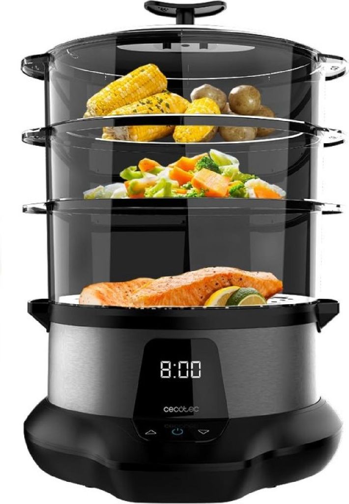 A multi-tiered food steamer filled with food, including salmon, vegetables, and corn on the cob.
