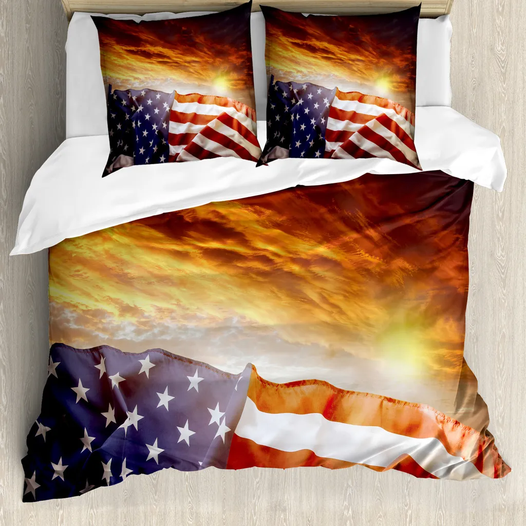 ABAKUHAUS Copripiumino con bandiera americana, tramonto e orizzonte, antiacaro e anallergico con federe, 155 cm x 220 cm - 80 x 80 cm, multicolore