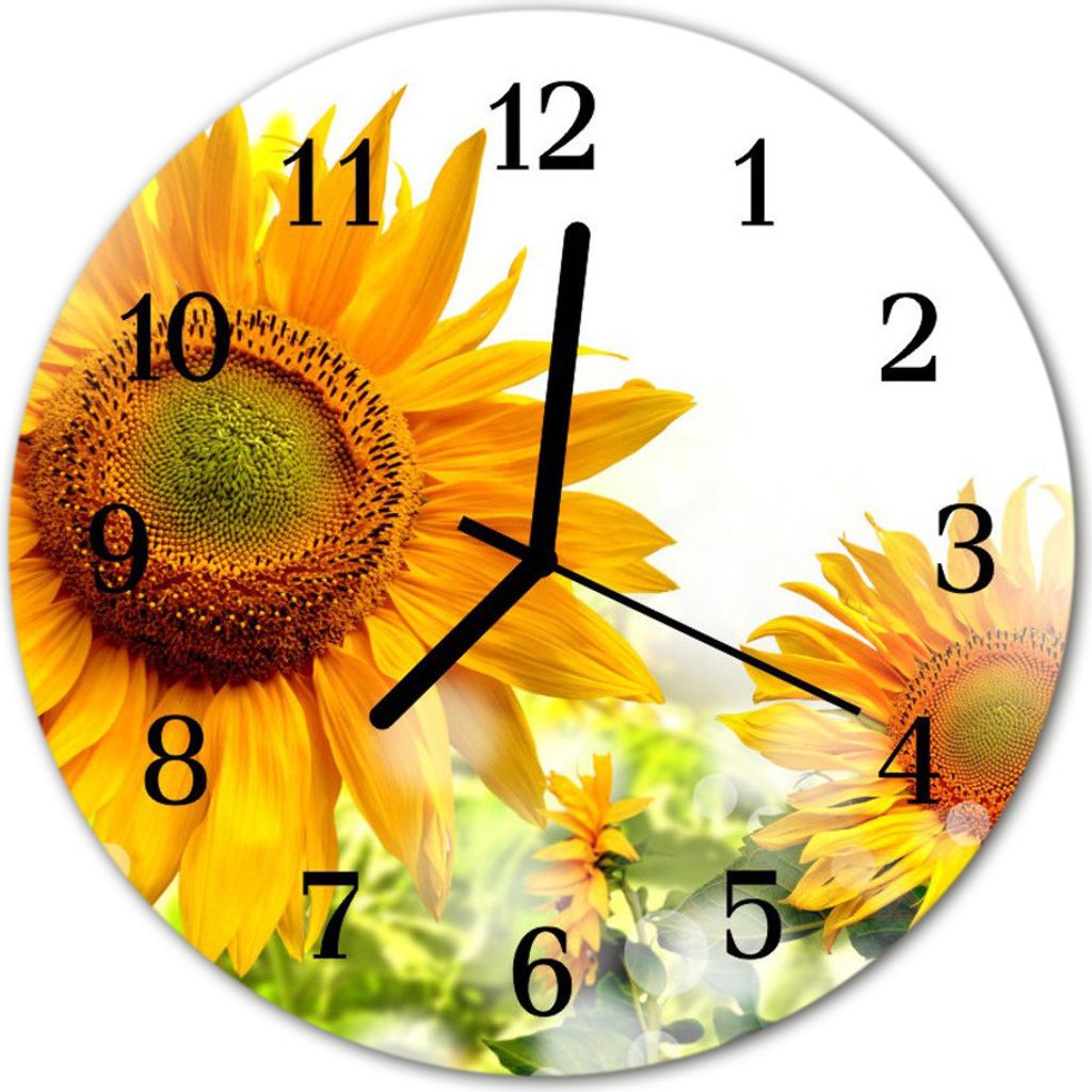 Glasuhr Wanduhr Küchenuhr Echt-Glas 30fi cm Sonnenblume gelb