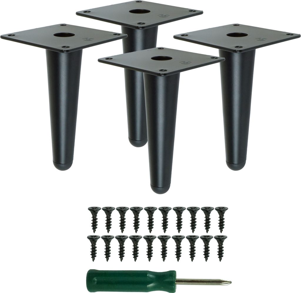 Four black metal furniture legs and a set of screws and a screwdriver.