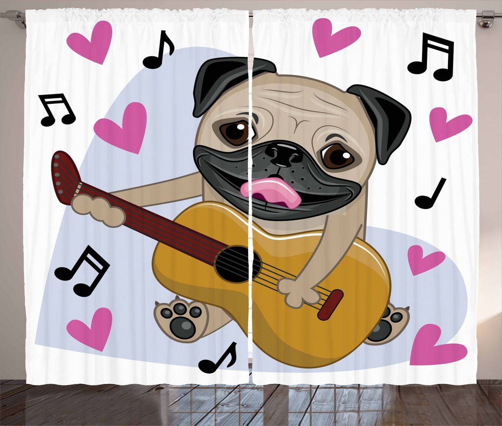 ABAKUHAUS Mops Rustikaler Vorhang, Hund spielt Gitarre Singen, Wohnzimmer Universalband Gardinen mit Schlaufen und Haken, 280 x 245 cm, Hellbraun S...